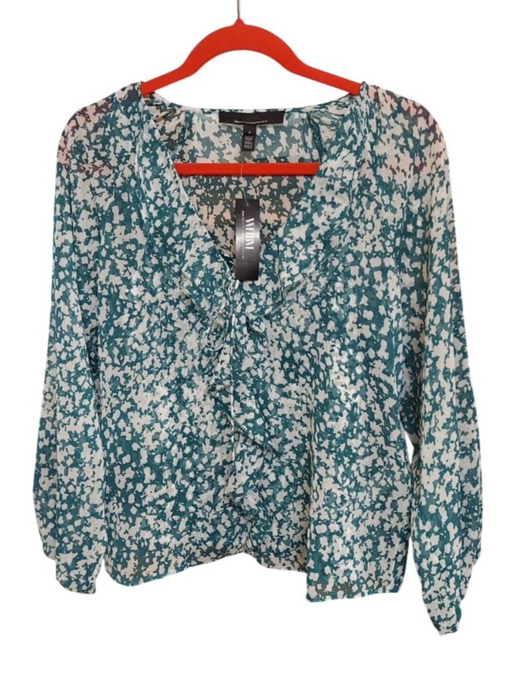 White House Black Market Floral Ruffle V Neck Blouse S Teal White Long Sleeve